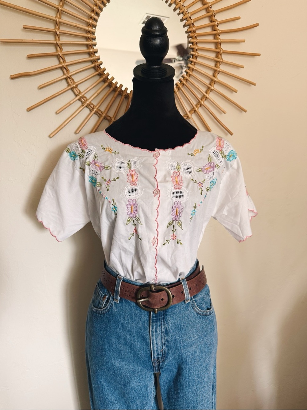 White Embroidered Floral Peasant Top